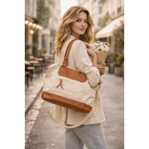 Graf Lantz Canvas & Leather Work + Travel Bag | Cream‎ Tan Carryall Crossbody
